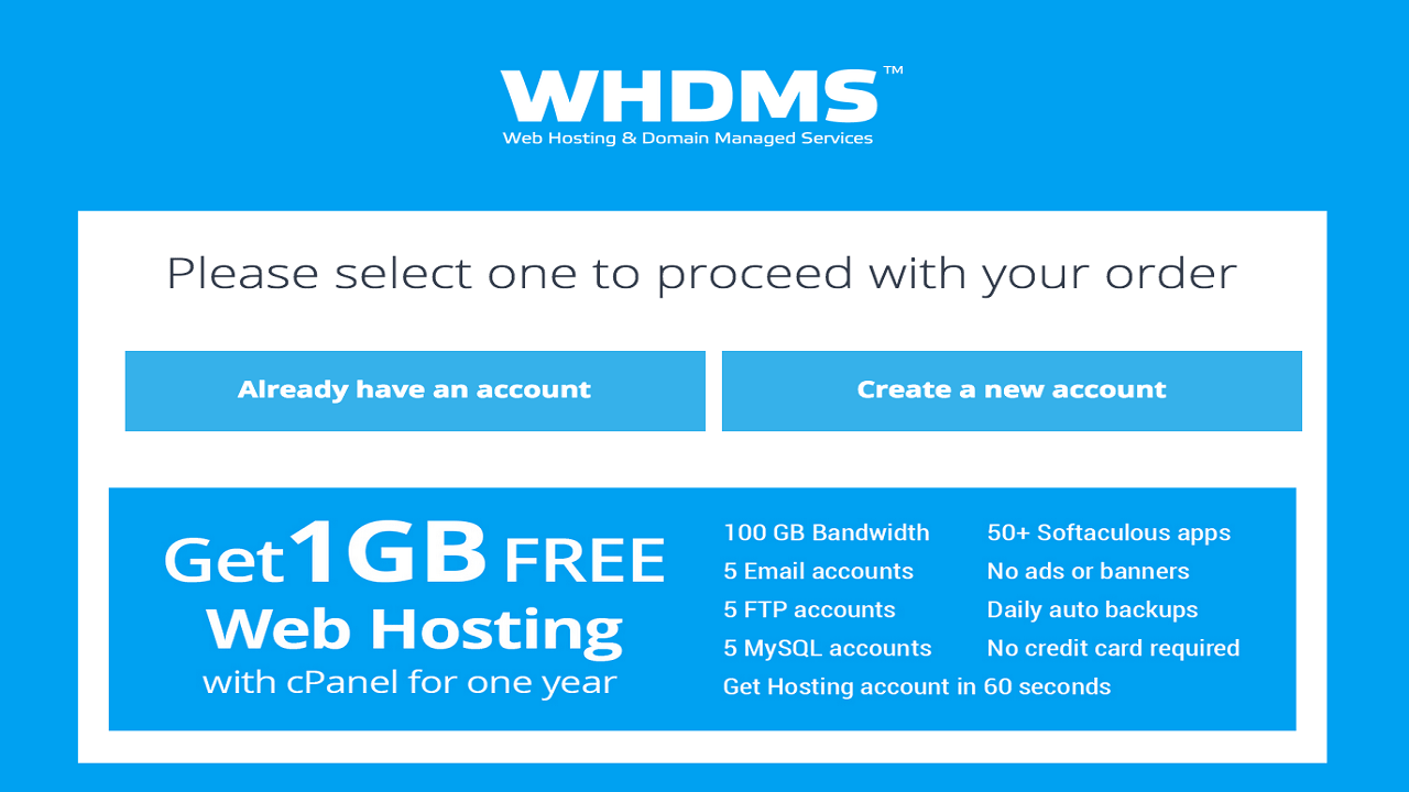 WHDMS Free Web Hosting For One Year with 1 GB cPanel