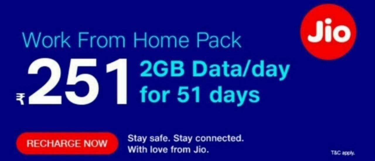 Jio Work from Home Pack Details Rs 251 Get 2GB Data Per Day 51 Days