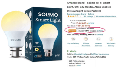 Amazon Solimo Wi-Fi Smart Bulb Coupon Code Flat ₹398 OFF @ Get ₹98