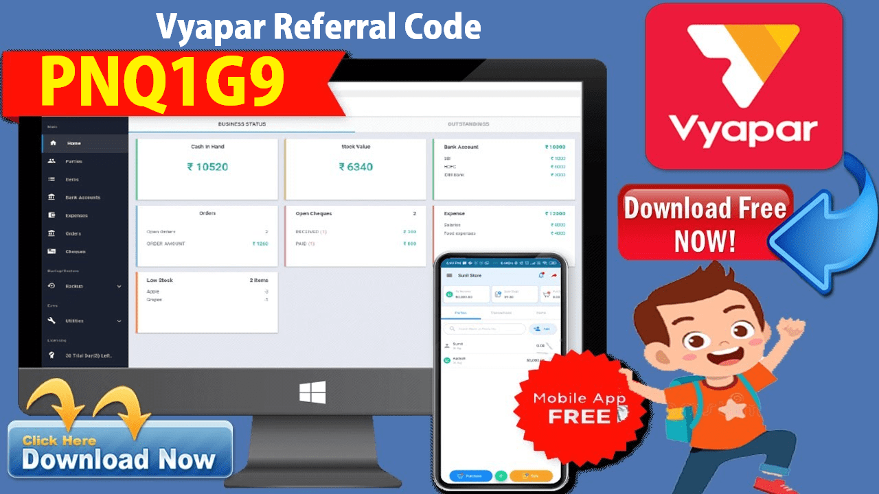 Vyapar Referral Code PNQ1G9 Free 3-6 Mth PC Software