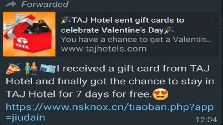 Whatsapp Scam: Taj Experiences Gift Card for Valentine's Day?