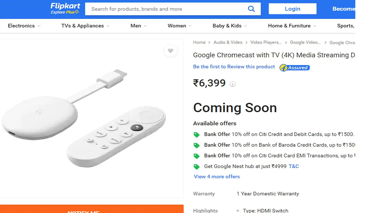Flipkart Google Chromecast with TV (4K) @ ₹6399