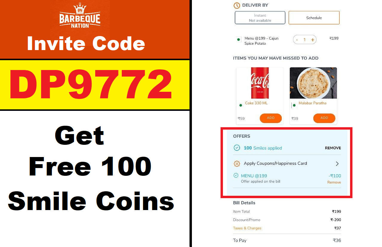 Barbeque Nation Invite Code DP9772 Get Free 100 Smile Coins