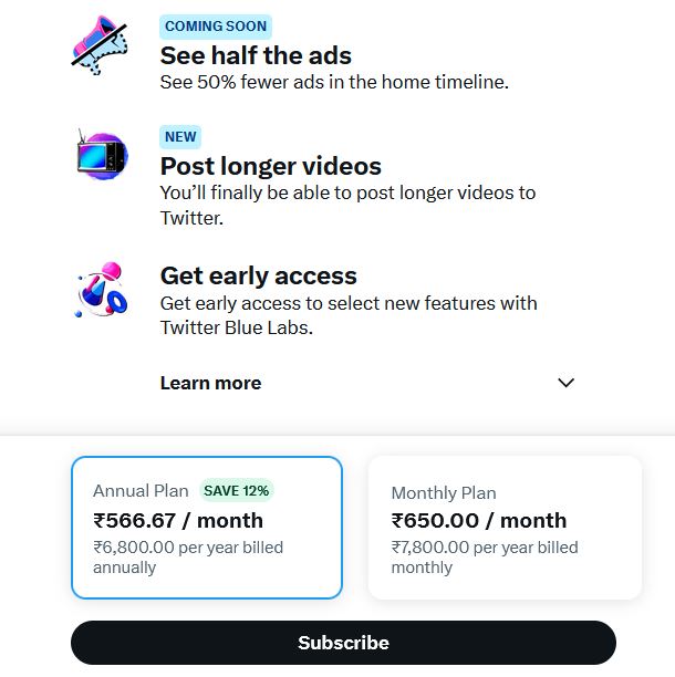 Twitter Blue Price in India