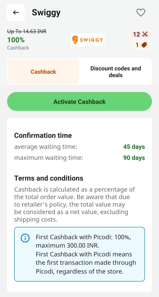 Picodi App Get Free ₹300 Cashback From Swiggy