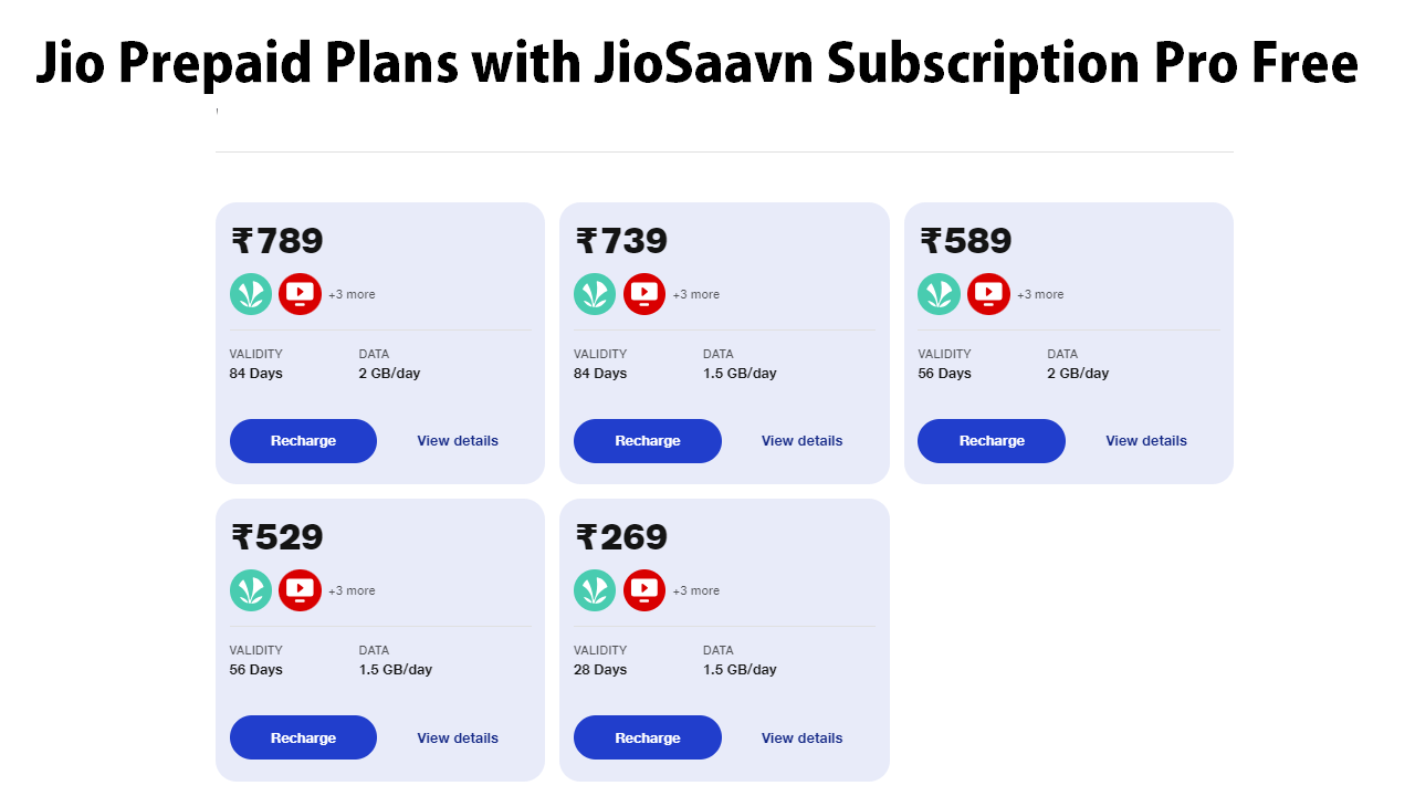 Jio Prepaid Plans with JioSaavn Subscription Pro Free
