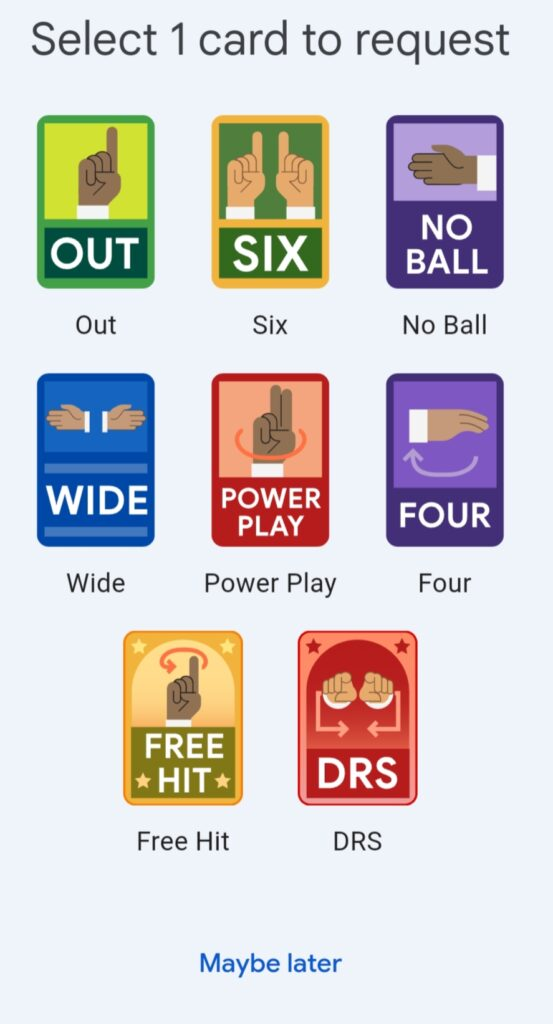Gpay Britannia 5050 4th Umpire Offer: There will be 8 Cards as follow, OUT, SIX, NO BALL, WIDE, POWERPLAY, FOUR, FREEHIT, DRS.