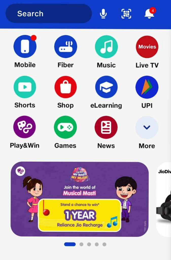 Step 2. Locate the Contest Banner: Spot the vibrant 'Cadbury Gems My Masti My Music Contest' banner or navigate to the 'MyJio Play & Win' section.