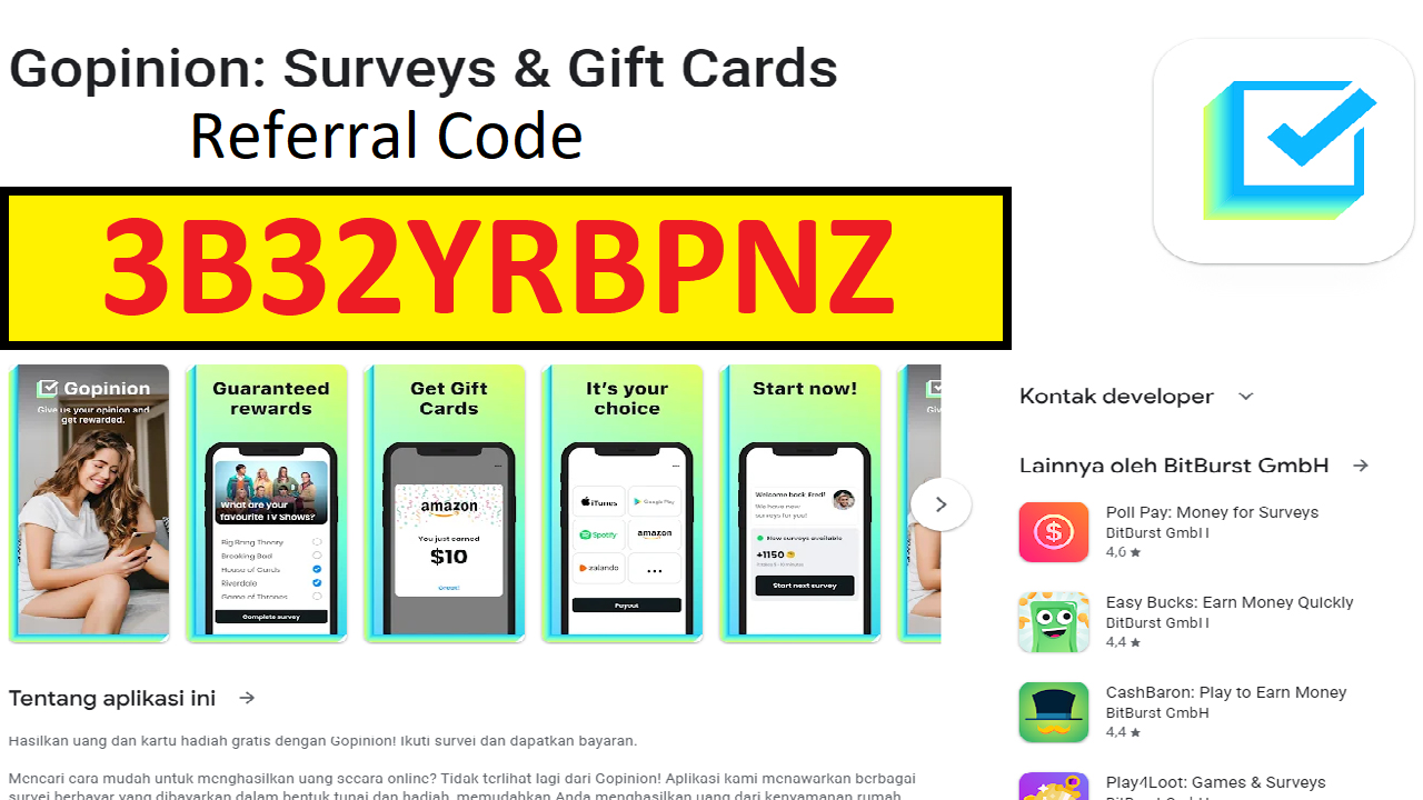 Gopinion Referral Code 3B32YRBPNZ Get Free 250 Coins Bonus